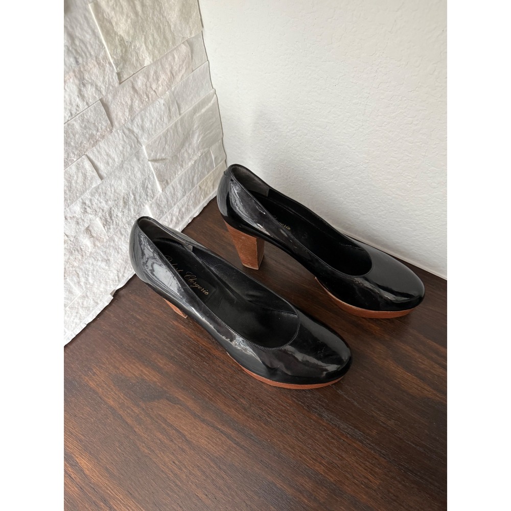 Robert Clergerie Paris Black Patent Leather Wood Platform Block Heel Pumps 8.5